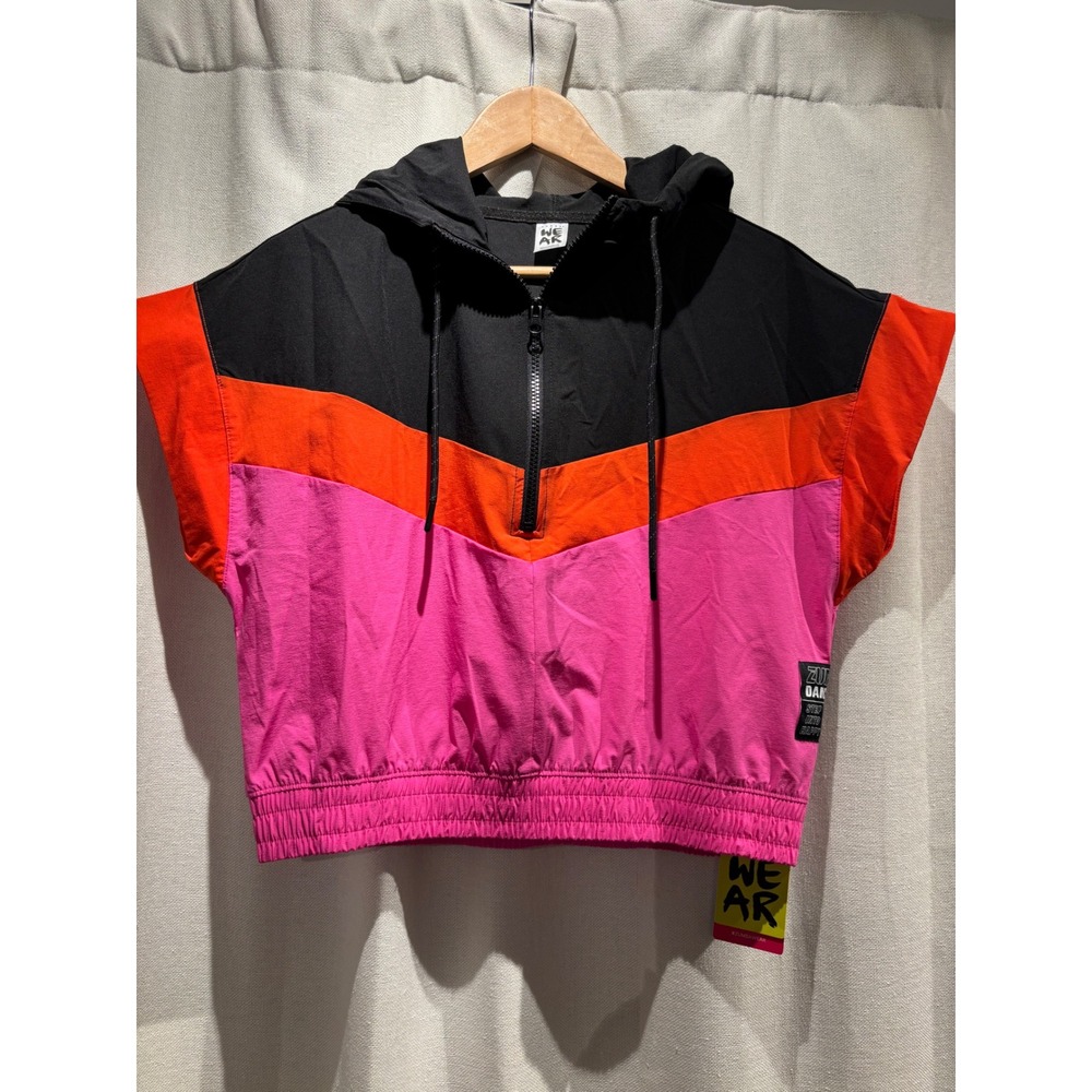 Zumba Half-Zip Pullover Hooded Crop Top Pink Orange Black Medium New